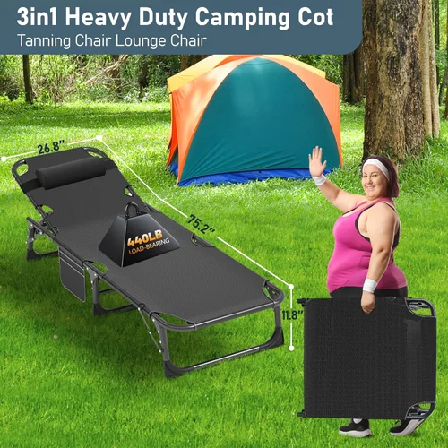 Miniatura 6 de ABORON Catres de campamento de 5 posiciones para adultos, catre de dormir plegable al aire libre, tumbona plegable con almohada, silla reclinable