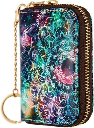 Miniatura 2 de AIRMORS Tarjetero para mujer con cremallera de cuero con cierre RFID bloqueo llavero (AA Mandala in the Galaxy)