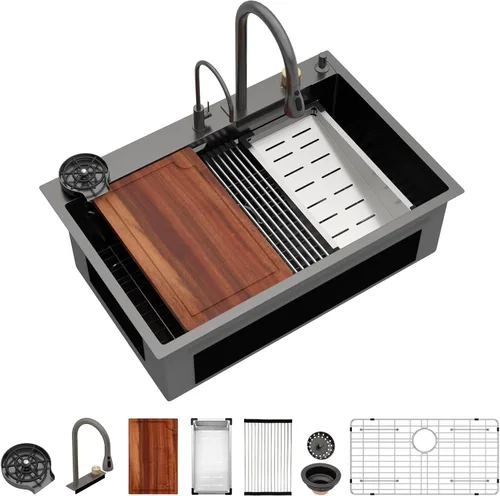 Miniatura 23 de Logmey Fregadero de cocina negro 33x22 empotrable, estación de trabajo de fregadero de cocina, SUS304 calibre 16 acero inoxidable, tazón individual
