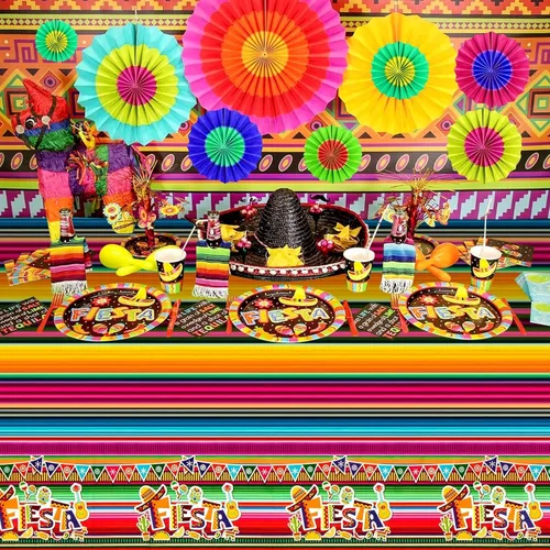 Miniatura 5 de Paquete de 8 manteles de fiesta, decoración de fiesta de taco, fiesta de cumpleaños, suministros de fiesta temática mexicana