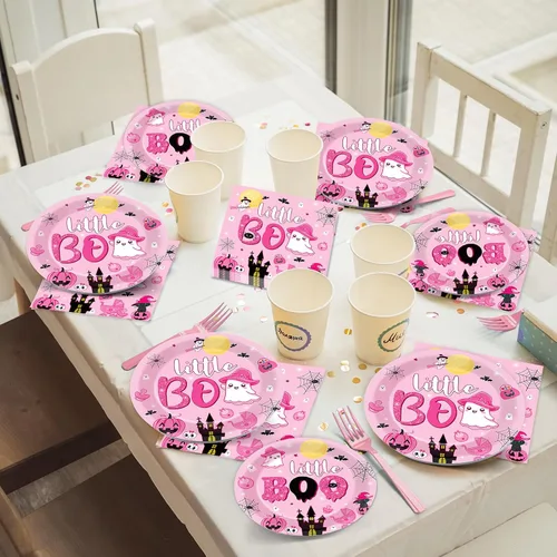 Miniatura 7 de ZOIIWA Juego de vajilla desechable de 96 piezas para fiesta de Halloween Little Boo Baby Shower para niñas, suministros de fiesta de fantasmas