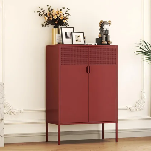 Miniatura 10 de Armario de almacenamiento de metal negro con 2 puertas, soporte de TV de 25 pulgadas de alto, armario de 2 niveles con estantes ajustables, gabinete