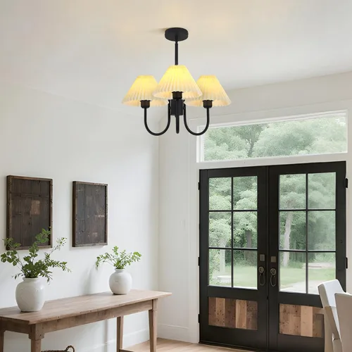 Miniatura 4 de KCO Lighting Lámpara Colgante Plisada Vintage de 3 Luces Araña de Techo con Pantallas de Lámpara Pequeña Araña de Tela Negra y Blanca para Sala