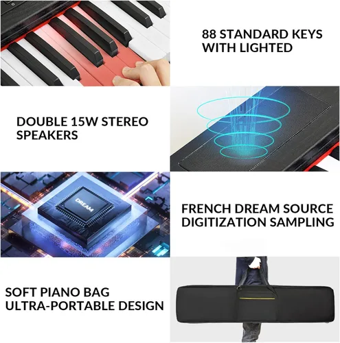 Miniatura 4 de Piano digital de 88 teclas con teclado semiponderado, teclado de piano de 88 teclas para principiantes con teclas iluminadas, piano eléctrico Negro