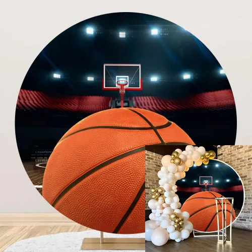 Miniatura 10 de Cubierta de fondo redonda de baloncesto de 5 x 5 pies, de poliéster, con temática de deportes, fiesta, fondo de fotos, recién nacidos, niños