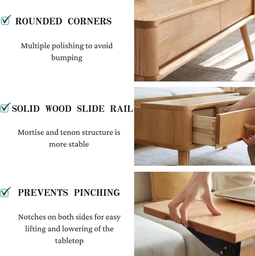 Miniatura 6 de Mesa auxiliar elevable con almacenamiento, mesa de centro elevadora de madera de roble 100% maciza, mesa de centro de madera de 39 pulgadas