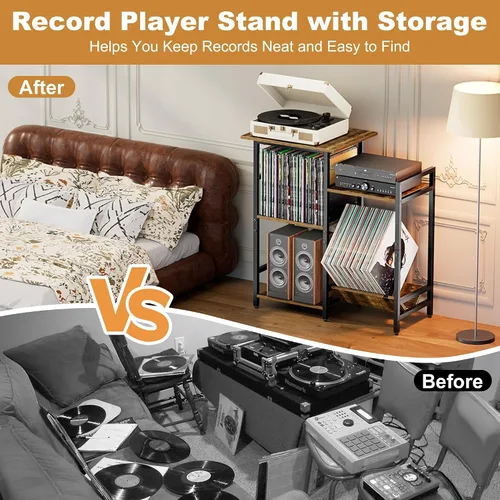 Miniatura 6 de HYPIGO Soporte para tocadiscos con tomas de corriente, soporte para tocadiscos con almacenamiento de discos de vinilo con capacidad para más de 300