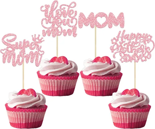 Miniatura 20 de Gyufise 1 pieza de decoración de pastel para el Día de la Madre con purpurina de corazón Love You Mom Cake Pick Rose Flower Best Mom Cupcake Decor