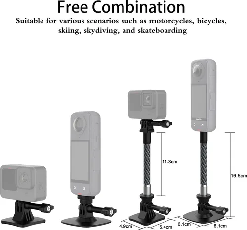 Miniatura 4 de Kit de brazo de extensión de fibra de carbono para casco de montaje en poste de metal para GoPro Hero 13/12/11/10/9/8/7/6/5 negro, Insta360 X5 / X4