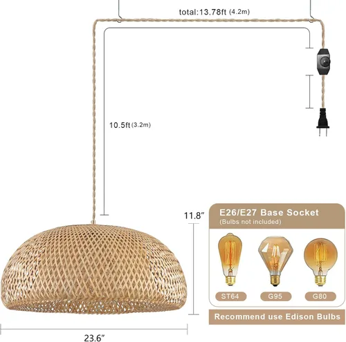 Miniatura 4 de Lámpara colgante de bambú con cable de luz tejido hecho a mano de 14 pies, interruptor regulable, cesta rústica, lámpara colgante extragrande