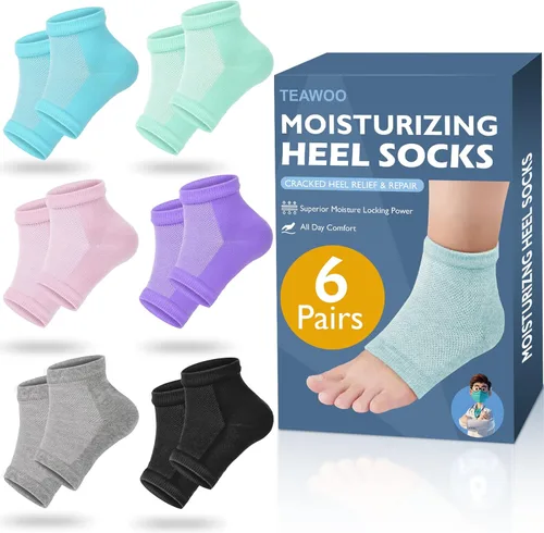 TEAWOO - 6 pares de calcetines hidratantes para talones, calcetines sin dedos con gel para hidratación y reparación de pies secos y agrietados