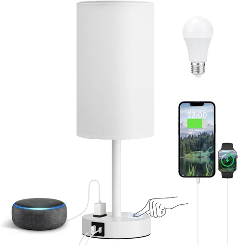 Miniatura 7 de Fenmzee Juego de lámparas de mesa pequeñas táctiles regulables de 2 a 3 vías, carga USB A + C, salida de CA, base de grano de madera, bombillas