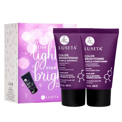 Luseta - Kit de viaje de champú y acondicionador morado iluminador de color para cabello rubio y gris, infundido con aceite de coco nucifera para