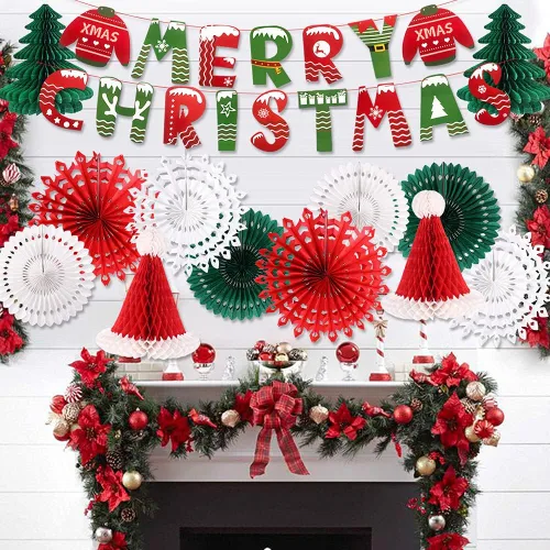 Miniatura 6 de Decoraciones de fiesta de Navidad, pancarta de Feliz Navidad, panal de abeja, sombreros de Papá Noel, árboles, copos de nieve, abanicos de papel