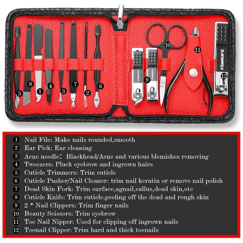Miniatura 6 de FAMILIFE Kit de Uñas, Juego de Manicura Profesional Kit de Manicura Juego de Cortaúñas, 13 en 1 Juegos de Pedicura de Acero Inoxidable Herramienta