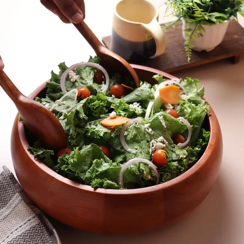 Miniatura 3 de Ensaladera de madera extra grande con 2 servidores, 12 x 4 pulgadas, capacidad de 4.5 cuartos de galón, cuenco para servir ensalada seguro