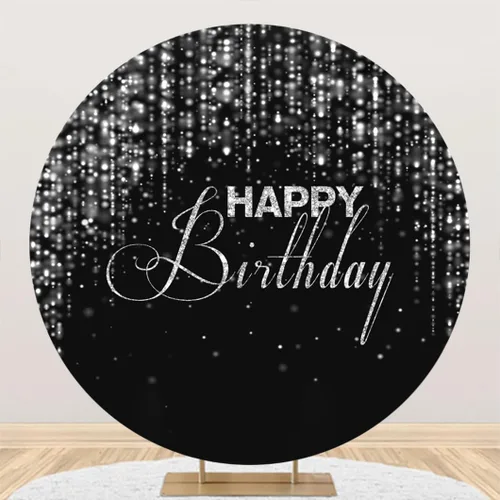 Miniatura 7 de Leyiyi Telón de fondo redondo de feliz cumpleaños de 3 x 3 pies con purpurina negra y dorada Bokeh, fondo de fotografía con lentejuelas brillantes