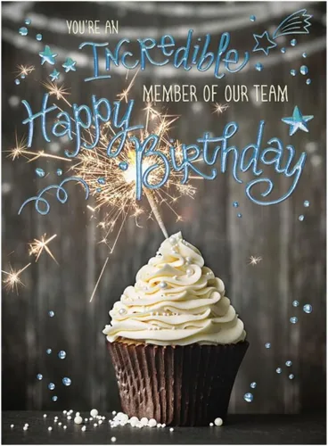 25 tarjetas de cumpleaños para empleados – Diseño de cupcakes y estrellas con relieve holográfico azul – 26 sobres blancos – FSC Mix