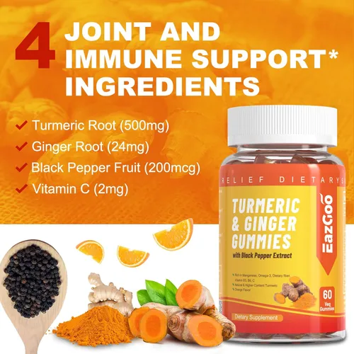Miniatura 3 de Gomitas de curcumina de cúrcuma de 500 mg para adultos, con pimienta negra, raíz de jengibre, vitamina C, gomitas de frutas bajas en azúcar, sabor a