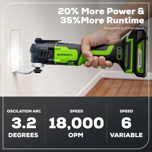 Miniatura 3 de Greenworks 24V - Multiherramienta inalámbrica, herramienta oscilante para cortar/clavar/raspar/lijar con control de 6 velocidades variables, batería