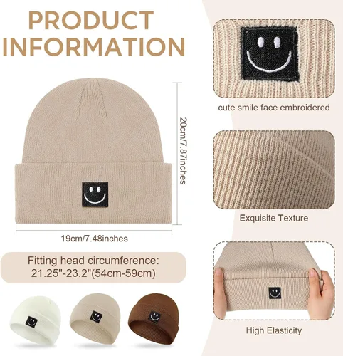 Miniatura 3 de Mepase Gorro de punto con cara sonriente para bebé, 3 unidades, para niños pequeños, gorro de invierno suave bordado con cara sonriente