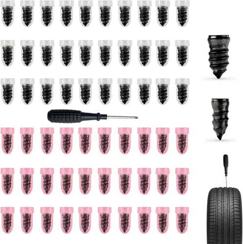 Miniatura 10 de Kit de 28 tapones de neumáticos, 2 tamaños de clavos de goma, juego de reparación de neumáticos de plástico, tapones de válvula de latón