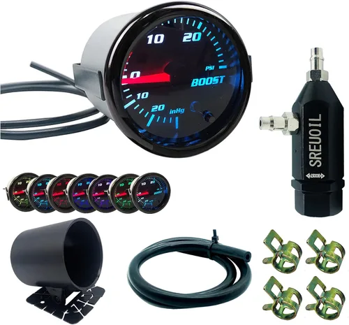 Medidor de Boost Turbo de 2" 52mm con Ajuste de 7 Colores Medidor de Boost con Kit de Controlador de Boost Manual Universal de 0-30PSI