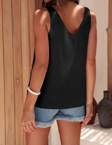 Miniatura 4 de Ekouaer - Camiseta sin mangas de satén de seda para mujer, cuello en V, casual, básica de verano
