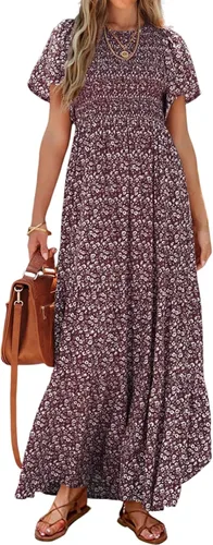 Miniatura 22 de PRETTYGARDEN - Vestido largo casual de verano para mujer, manga corta acampanada, bohemio, floral, cuello redondo, vestido blusón, escalonado