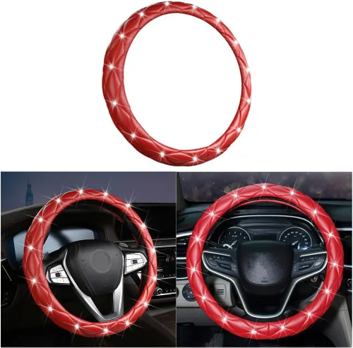 Miniatura 9 de Funda de volante de piel suave con diamantes de imitación de cristal, accesorios universales para SUV, camión, camioneta, automóvil (negro)