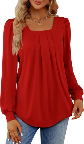 Miniatura 4 de Funlingo 2023 - Blusas de manga larga para mujer, estilo túnica, plisadas, con cuello cuadrado, estilo casual, holgadas