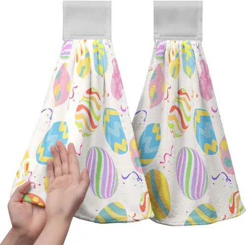 Miniatura 32 de Juego de 2 toallas de cocina colgantes de hojas tropicales de verano, color verde, hojas de palmera, con bucles para colgar, suaves y absorbentes