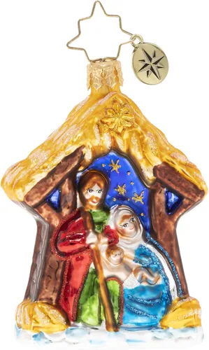 Christopher Radko Adorno Gema del Pesebre – Escena de la Natividad de Vidrio Soplado Europeo Hecho a Mano con la Sagrada Familia, Decoración Dormido