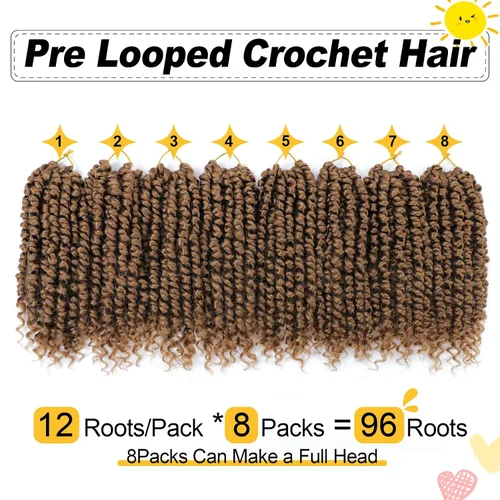 Miniatura 2 de Cabello Passion Twist de 8 pulgadas, 8 paquetes, cabello de ganchillo pretrenzado para mujeres negras, cabello rizado de ganchillo preenlazado, 27#