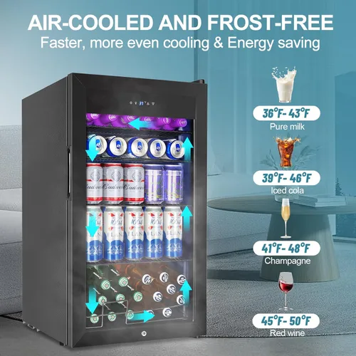 Miniatura 3 de Refrigerador de bebidas para 128 latas, 3.2 pies cúbicos con puerta de vidrio para bebidas, cerveza, soda, vino, pequeño refrigerador de cerveza