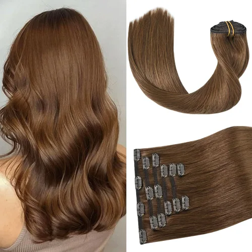 Miniatura 28 de Aison Extensiones de cabello humano real con clip, color marrón oscuro, 2.47 onzas, cabello humano Remy, 12 pulgadas, para mujeres, 7 unidades, 16