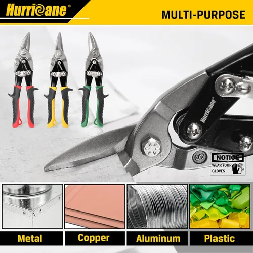 Miniatura 7 de HURRICANE Juego de 3 tijeras de hojalata de aviación, tijeras de metal de 10 pulgadas para curvas rectas, izquierda y derecha, cuchillas de acero