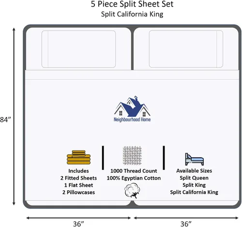 Miniatura 3 de Split California King - Juego de sábanas de algodón egipcio para cama ajustable de 15 pulgadas, bolsillo extra profundo de 1000 hilos, 1000 hilos