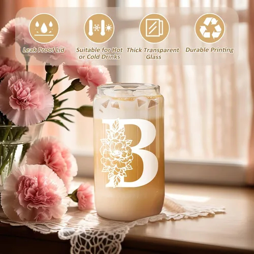 Miniatura 2 de Taza de Vidrio Inicial Coolife, Regalos Personalizados para Mujeres, Tazas de Vidrio de 16 oz con Tapas y Popotes, Vaso para Café Helado, Licuado