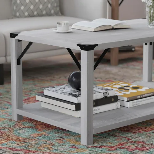 Miniatura 6 de BizChair Modern Farmhouse - Mesa auxiliar de 2 niveles, marco de madera de ingeniería gris Aspen, soportes laterales entrecruzados de metal negro