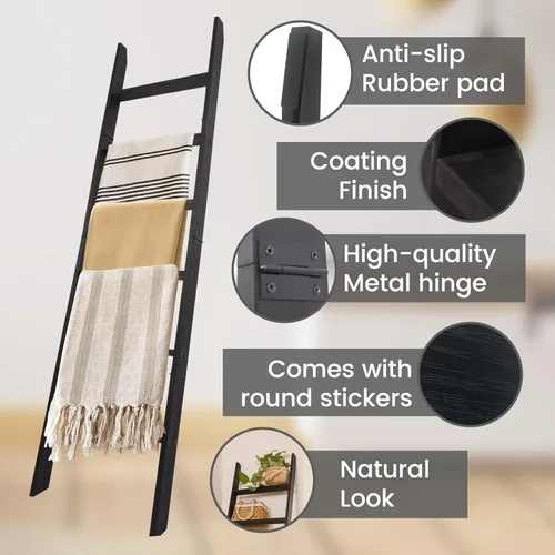 Miniatura 4 de Escalera para Mantas de 6 Niveles – Perchero de Edredones de 5.5 Pies que se Apoya en la Pared, Almacenamiento de Mantas Estilo Granja para Sala