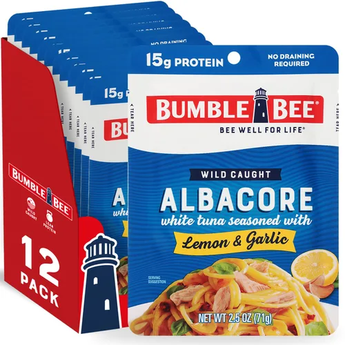 Miniatura 14 de Bumble Bee - Atún blanco de aleta Albacore en agua en sobres de 71 g - Paquete de atún capturado de forma salvaje listo para comer - 16 g