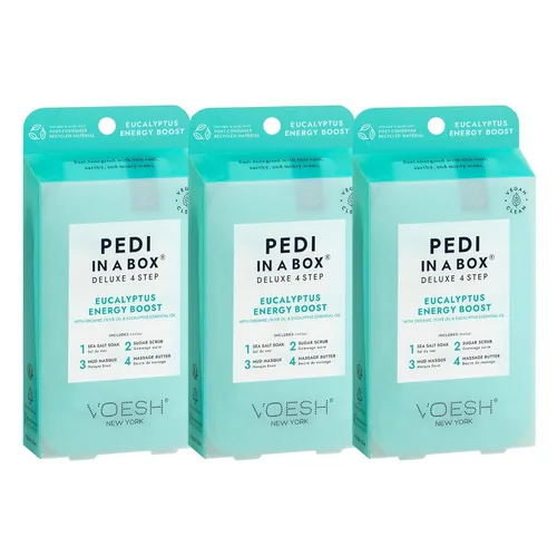 VOESH Pedi in a Box - Potenciador de energía de eucalipto de 4 pasos, paquete de 3, juego de pedicura, pedicura en casa, pedicura de spa, remojo de