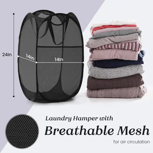 Miniatura 5 de TECHMILLY Cesta plegable de malla para la ropa sucia con asas resistentes y bolsillo lateral, cestas plegables portátiles para ropa para dormitorio