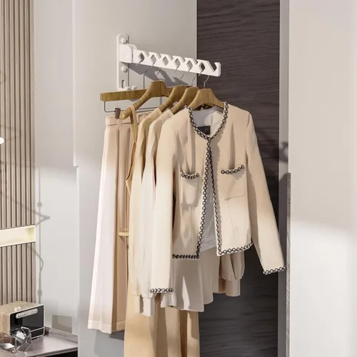 Miniatura 6 de Dr.DJ Soporte para colgar abrigos de pared, organizador de secado de ropa blanca, ganchos de aluminio, retráctiles, plegables, para interiores
