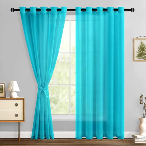 Miniatura 164 de Hiasan - Cortinas traslúcidas de gasa cortas semitransparentes con ojales y alzapaños filtrantes de luz para ventana, dormitorio, baño, 2 paneles