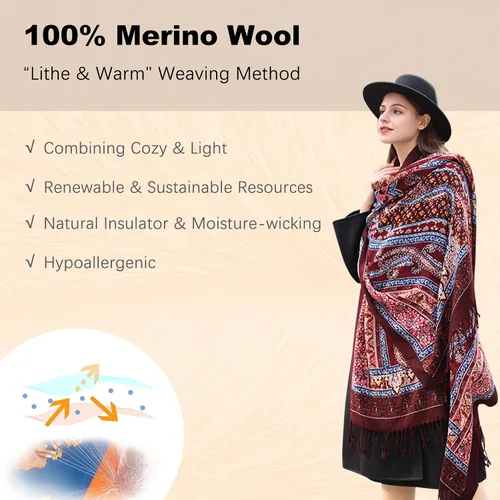 Miniatura 10 de DANA XU Manta de pashmina extragrande 100% de lana merina, bufanda de viaje, bufanda de cachemira para mujer, otoño e invierno, chal de gran