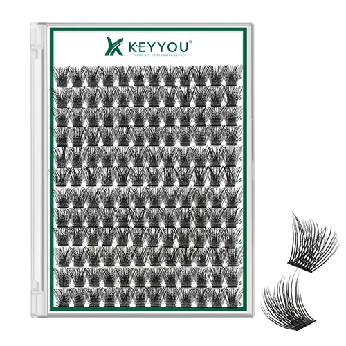 Miniatura 26 de KEYYOU Racimos de pestañas, 96 piezas de extensiones de pestañas DIY, rizado D de 16 mm, negro, realista, no irritante, fácil de colocar en casa