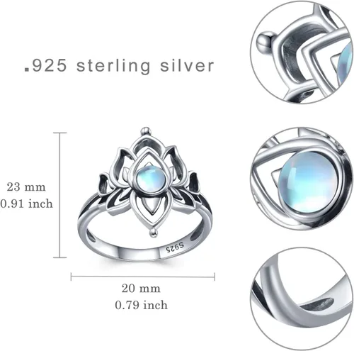 Miniatura 6 de Anillo de loto de piedra lunar para mujer, plata de ley 925, anillo de flor de loto, joyería espiritual vintage de loto para mujer, regalos de loto
