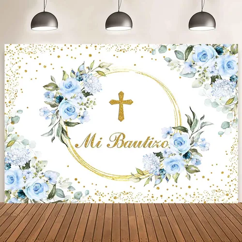 AIBIIN Telón de fondo Mi Bautizo de 7 x 5 pies para niño, color azul, floral, bautismo, primera comunión, fotografía, fondo, bautizo, puntos con